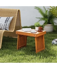Gymax 2 pieces Outdoor Folding Side Table Patio Acacia Wood End Table with Slatted Tabletop