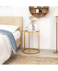 Gymax Marble Top Round Side Table 19.5''x19.5'' End Table with Golden Metal Frame