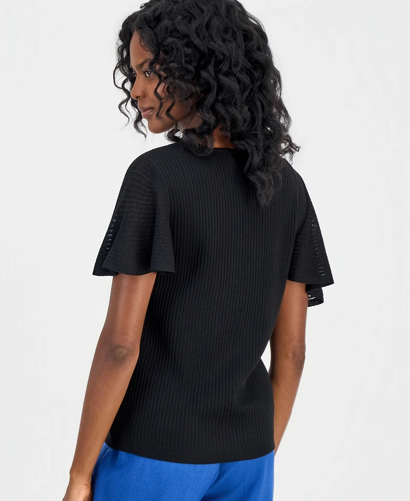 Kasper Women's Crewneck Flutter-Sleeve Rib-Knit Sweater