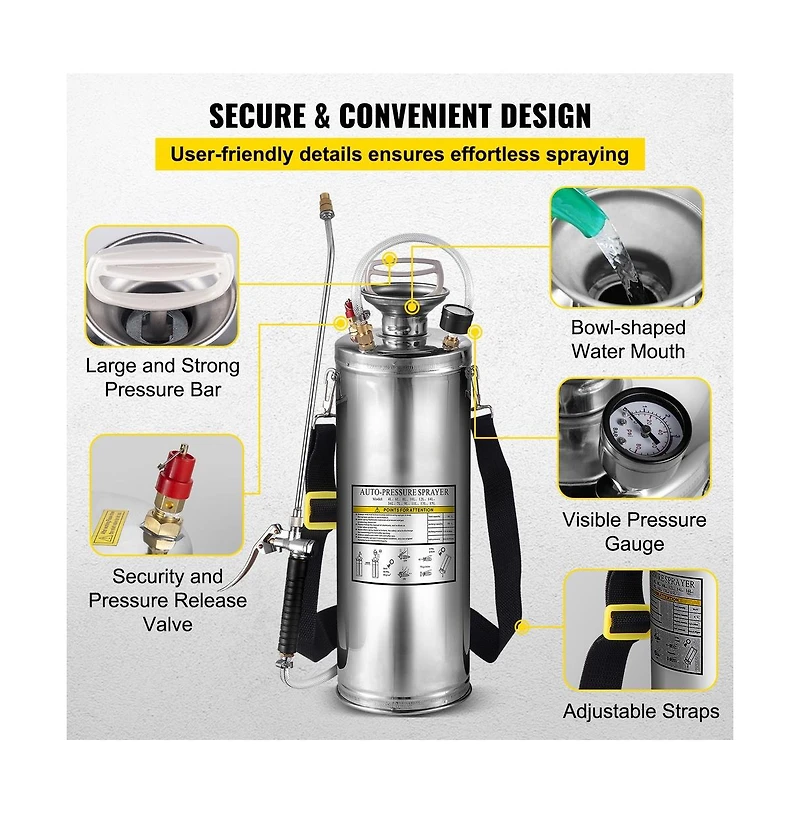 Sugift 3 Gallon Stainless Steel Hand Pump Sprayer with 20 in Wand and 3 ft Reinforced Hose