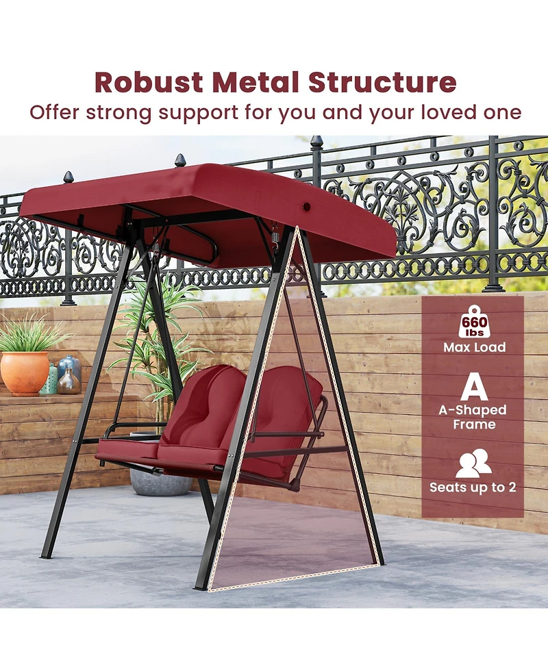 Sugift 2-Person Outdoor Porch Swing with A-Shaped Metal Stand and Adjustable Canopy