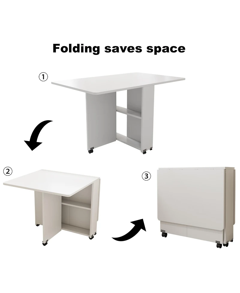 Rainsken Folding Dining Table, Drop Leaf Table with 6 Wheels and 2-Layer Storage Shelf for Small Spaces, Modern Rectangular Kitchen Dining Table