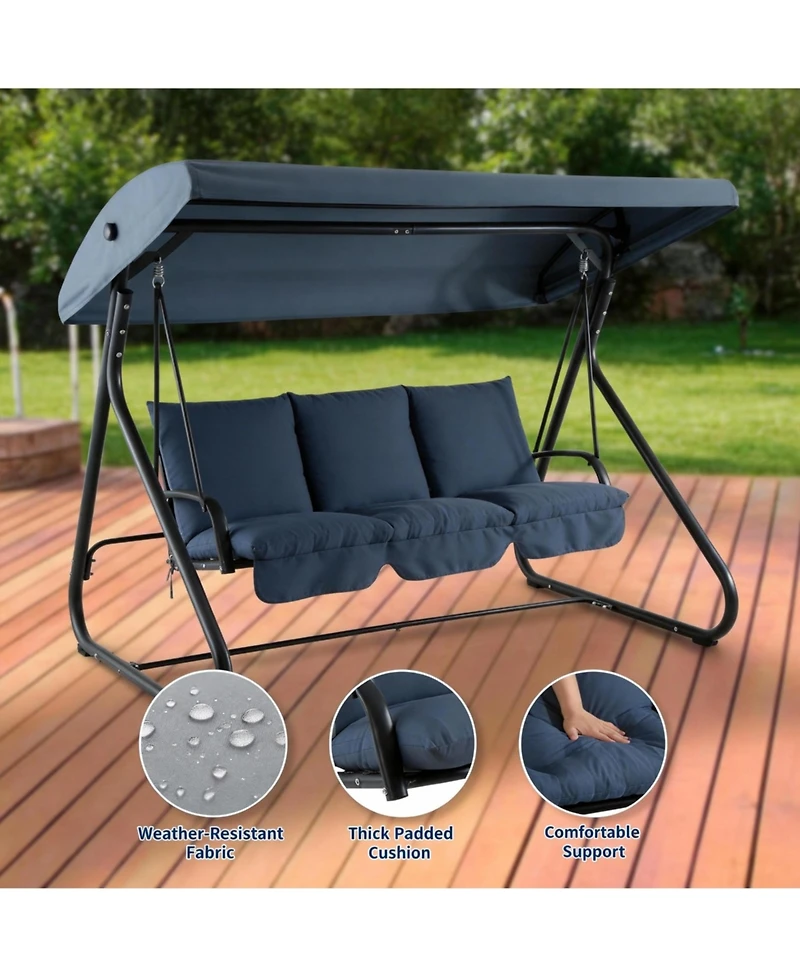 Homfan 3-Seat Outdoor Convertible Swing with Adjustable Canopy, 2-in-1 Bench/Bed, Cushions, 750 lb Capacity