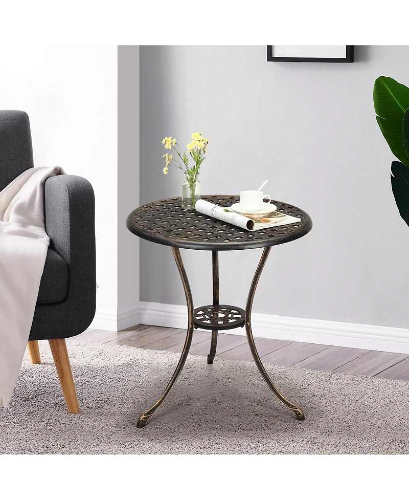 homfan 24-Inch Cast Aluminum Outdoor Patio Bistro Table, Weather-Resistant Round Dining Table w/ Umbrella Hole and Floral Lattice Design