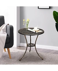 homfan 24-Inch Cast Aluminum Outdoor Patio Bistro Table, Weather-Resistant Round Dining Table w/ Umbrella Hole and Floral Lattice Design