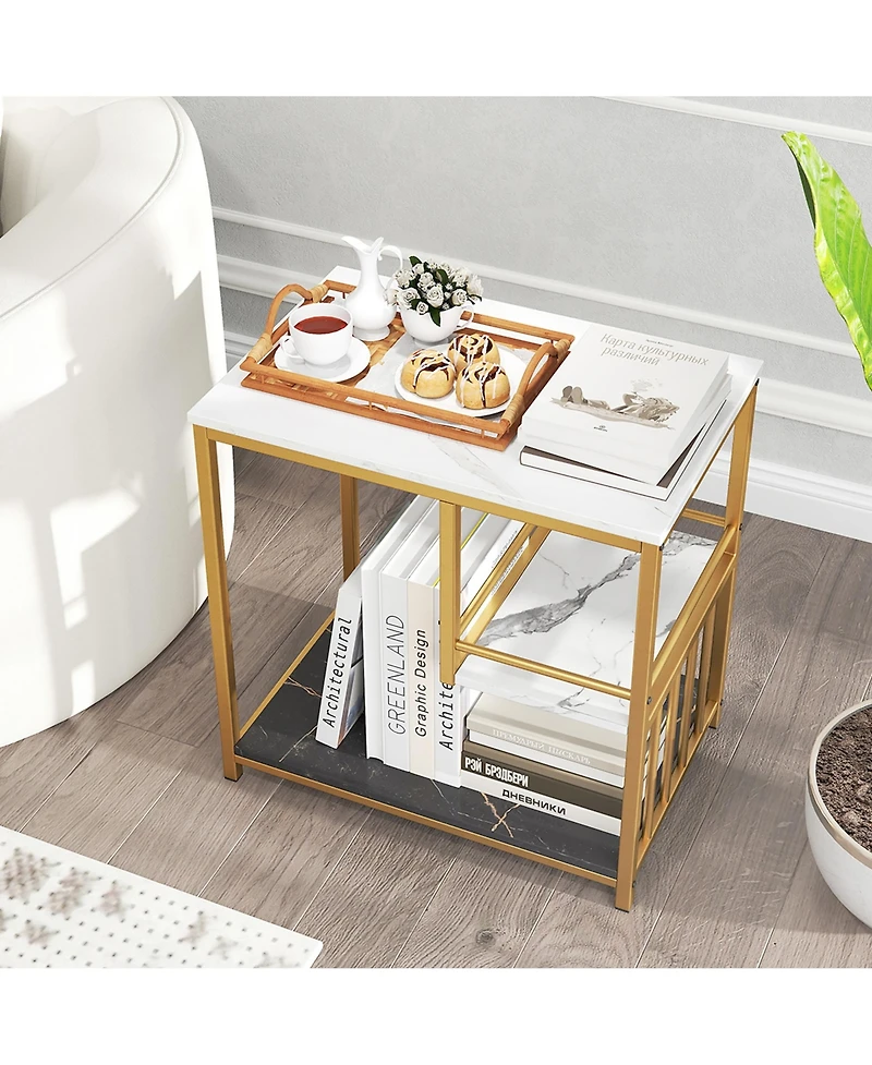 Gymax End Table 3-Tier Faux Marble Side Table Storage Shelves Luxury Rectangular Sofa Side Table