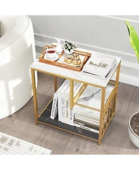 Gymax End Table 3-Tier Faux Marble Side Table Storage Shelves Luxury Rectangular Sofa Side Table
