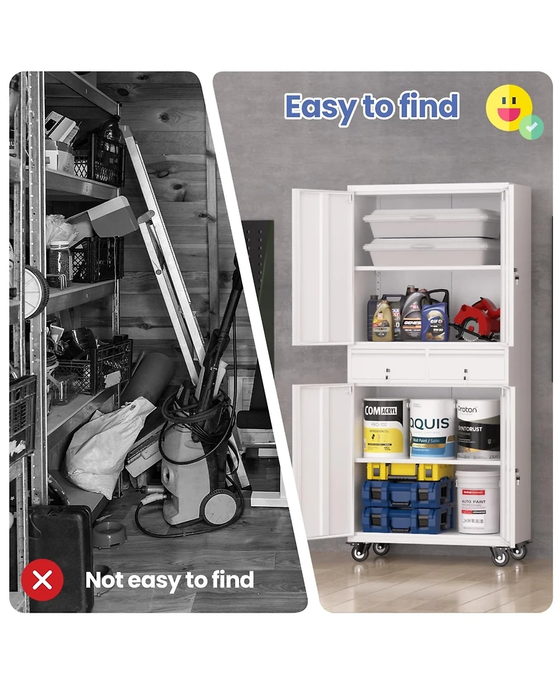 Gaomon 73" Heavy Duty Metal Storage Cabinet with Wheels, Locking Doors and 2 Drawers for Garage, Workshop, Office