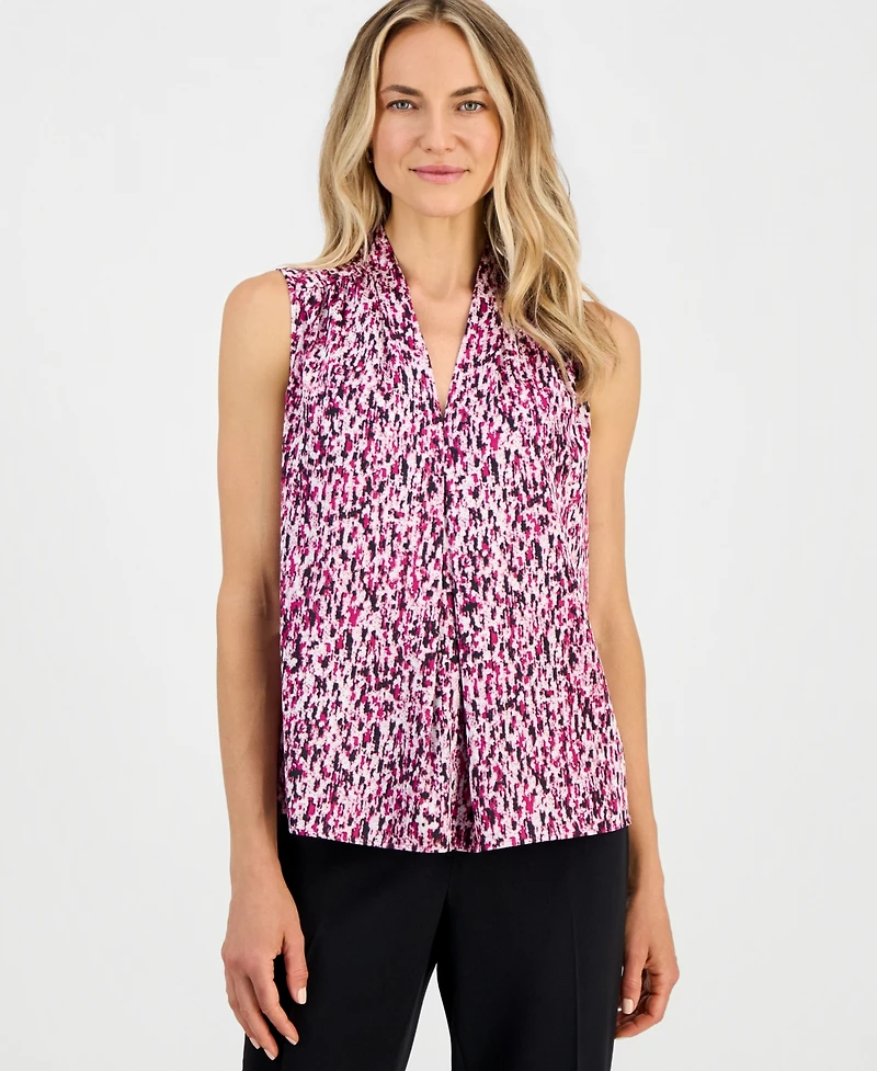 Kasper Women's Printed V-Neck Inverted-Pleat Blouse