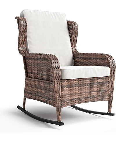 GarveeLife Outdoor Resin Wicker Rocking Chair with Cushions, All-Weather Patio Rocker for Porch, Deck, Garden or Balcony