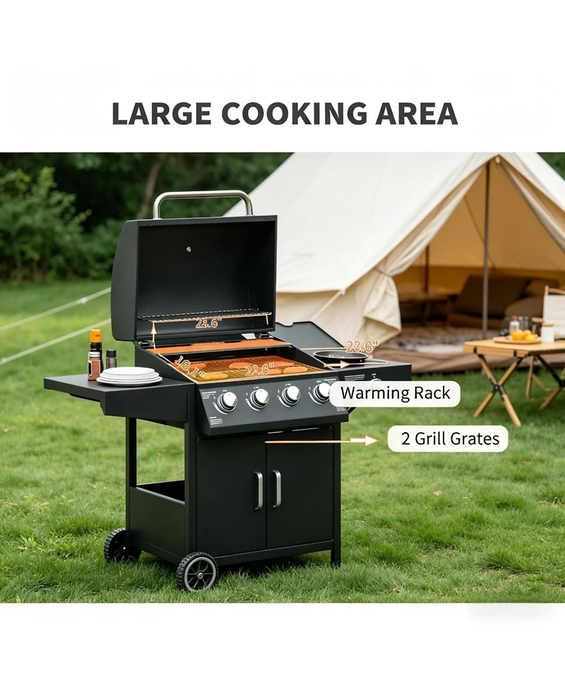 Yiortwo 4+1 Burner Liquid Propane Gas Grill with Side Burner, Wheels and Storage Cabinet