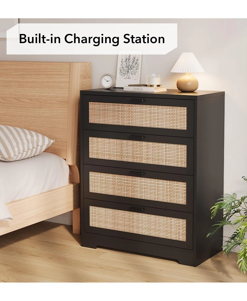 gaomon 4 Drawer Rattan Dresser with Power Outlets, Wood Chest for Bedroom