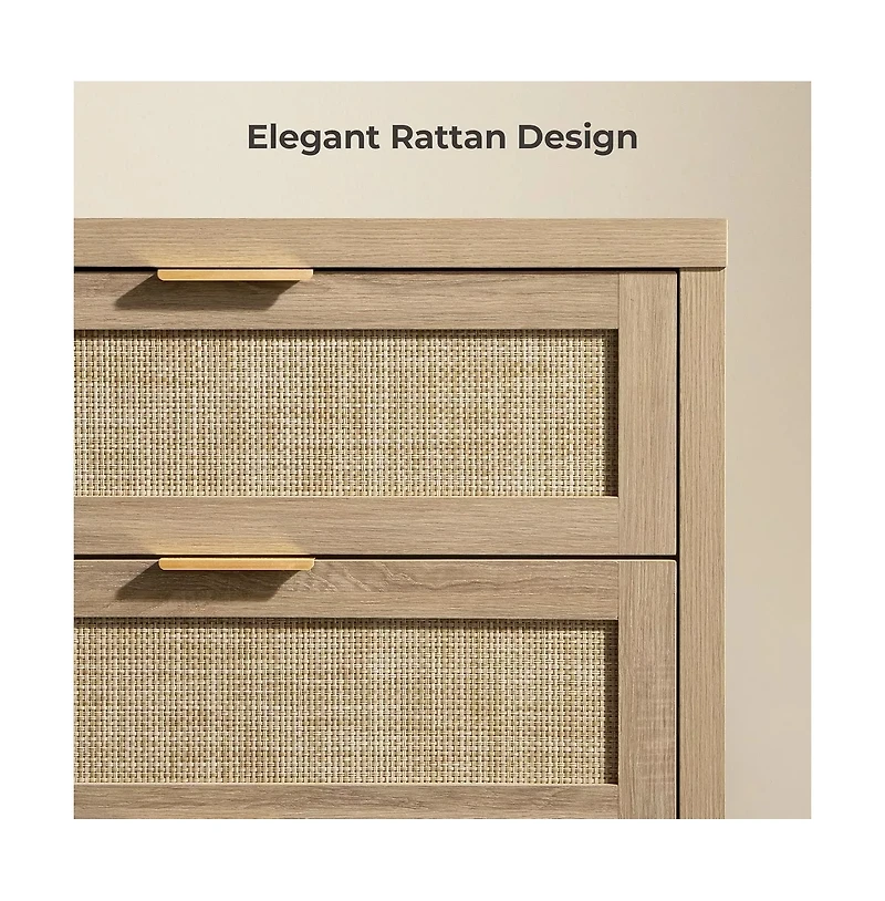 gaomon Rattan 6 Drawer Dresser, 57" Wide Boho Wooden Storage Chest, Tv Stand for Bedroom or Living Room