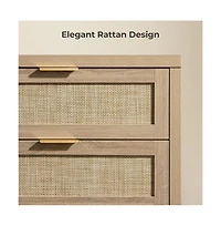 gaomon Rattan 6 Drawer Dresser, 57" Wide Boho Wooden Storage Chest, Tv Stand for Bedroom or Living Room