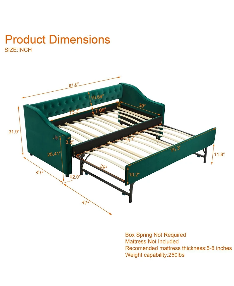 Streamdale Furniture Twin Upholstered Daybed with Trundle, Usb, Pockets, Velvet, Button Tufted