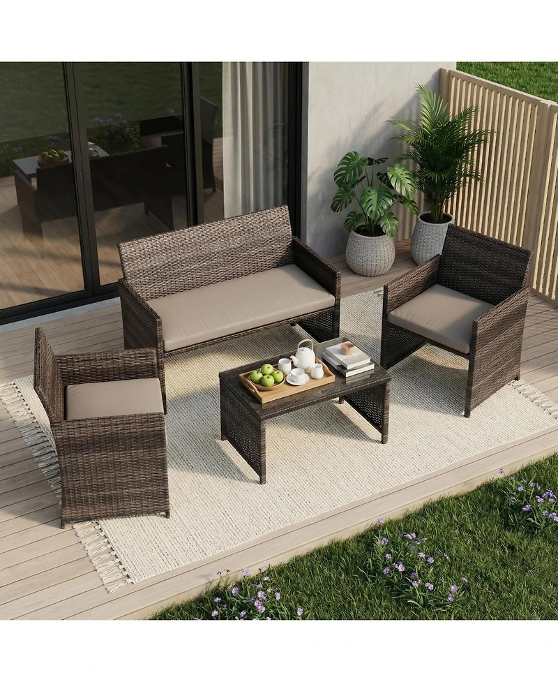 GarveeLife 4-Piece Outdoor Patio Furniture Set, Pe Rattan Conversation Set with Loveseat, 2 Chairs and Tempered Glass Coffee Table