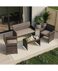 GarveeLife 4-Piece Outdoor Patio Furniture Set, Pe Rattan Conversation Set with Loveseat, 2 Chairs and Tempered Glass Coffee Table