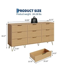 gaomon Fluted 9 Drawer Dresser for Bedroom, 63" Wide Wood Chest with Metal Handles Storage Cabinet