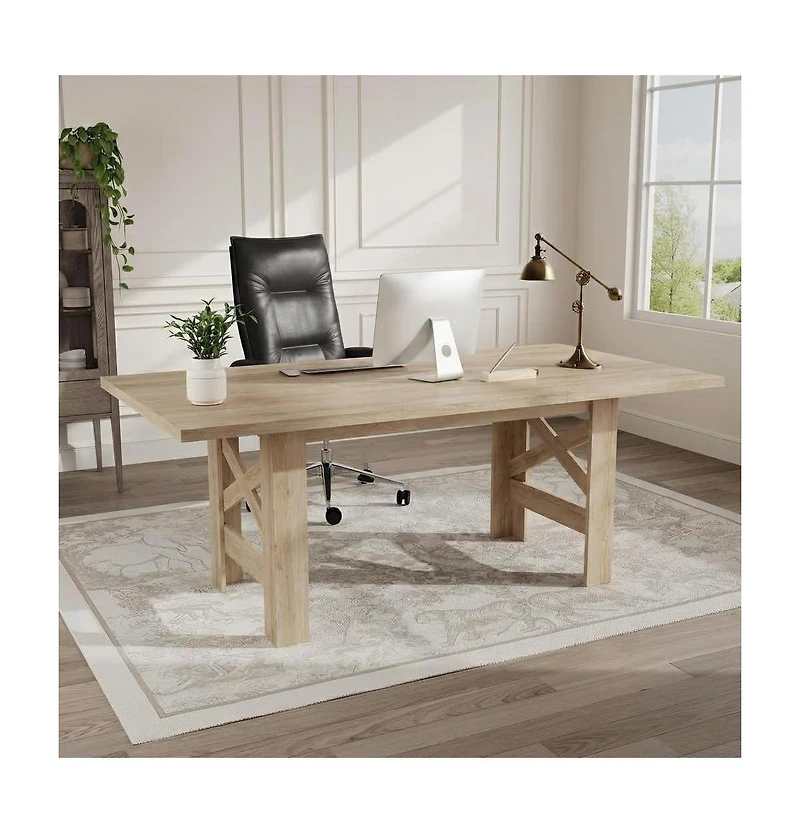 homfan 71 In Farmhouse Dining Table for 6-8, Rectangular Kitchen Table with X and H Base, Thick Mdf Top, Dining Room or Office Table