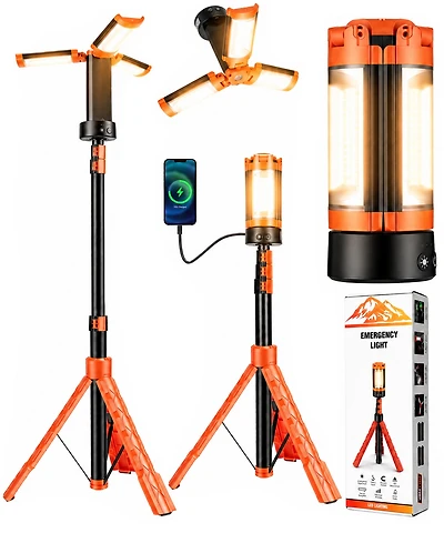 Sugift Rechargeable 10000mAh Camping Light Cordless Work Light with Detachable Stand 6.5 ft Max Height, 3 Led Lamp Heads, 2500 Lumens Emergency Flashl