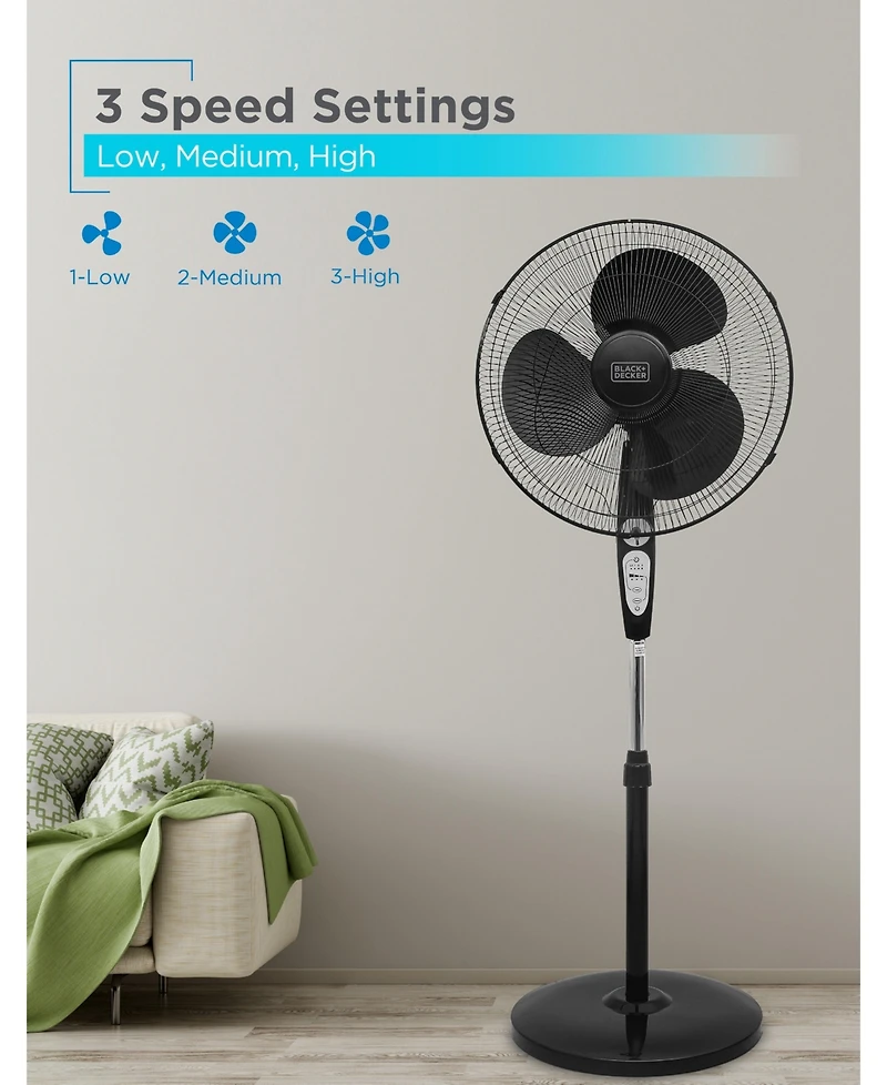 Black+Decker 18 inch Standing Oscillating Pedestal Fan with Remote, 90-Degree Oscillation, 3 Speed Settings