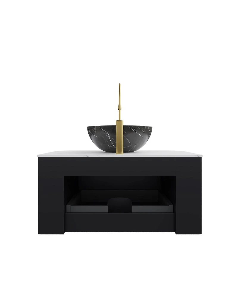 Sillysis Wall Mounted Bathroom Vanity, Artificial Marble Top with Bowl Sink, Striped Plywood Cabinet