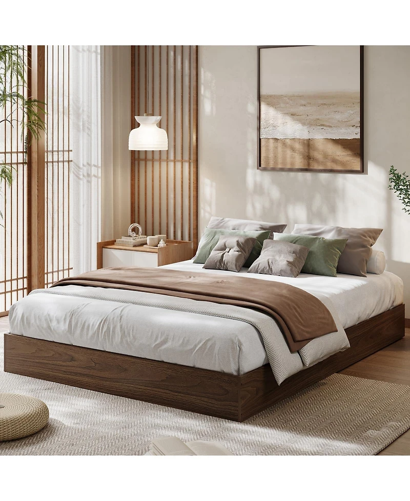homfan Wood Platform Bed Frame,Bed Frame Without Headboard, Wood Slat Support,No Box Spring Needed