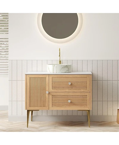 Sillysis Modern Bathroom Vanity with Round Ceramic Basin, Carrara Sintered Stone Countertop, 2 Drawers and 1 Door