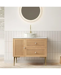 Sillysis Modern Bathroom Vanity with Round Ceramic Basin, Carrara Sintered Stone Countertop, 2 Drawers and 1 Door