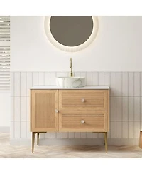 Sillysis Modern Bathroom Vanity With Round Ceramic Basin Carrara Sintered Stone Countertop 2 Drawers 1 Door Pre Assembled