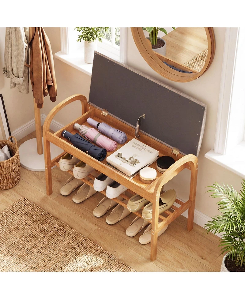 Slickblue Wicker Shoe Bench with Cushion and 2 Tier Storage Rack