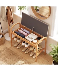 Slickblue Wicker Shoe Bench with Cushion and 2 Tier Storage Rack