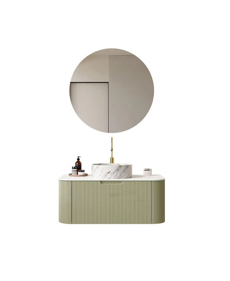 Sillysis Wall Mounted Bathroom Vanity, Artificial Marble Top with Round Ceramic Basin, 3D Striped Plywood Cabinet