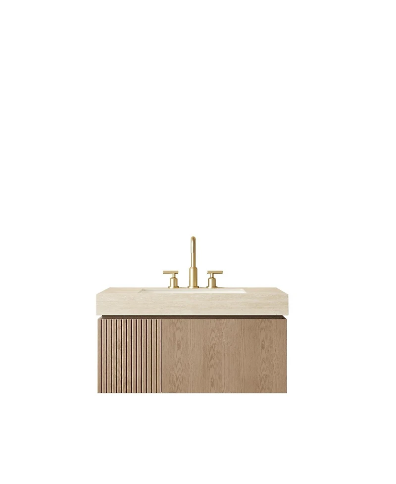 Sillysis Wall Mounted Bathroom Vanity, Travertine Pattern Sintered Stone Top, 3-Hole Ceramic Sink, Soft Close Cabinet