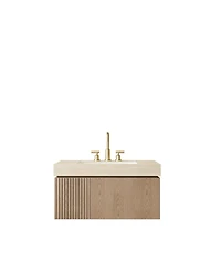 Sillysis Wall Mounted Bathroom Vanity, Travertine Pattern Sintered Stone Top, 3-Hole Ceramic Sink, Soft Close Cabinet