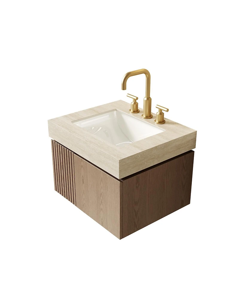 Sillysis Wall Mounted Bathroom Vanity, Travertine Pattern Sintered Stone Top, 3-Hole Ceramic Sink, Soft Close Cabinet