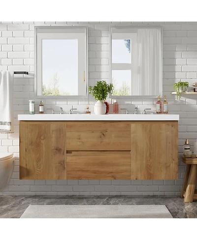 Sillysis 59.3 Inches Double Sink Wall Mounted Bathroom Vanity, Smc Countertop with Soft Close Drawers for Modern Bath
