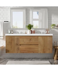 Sillysis 59.3 Inches Double Sink Wall Mounted Bathroom Vanity, Smc Countertop with Soft Close Drawers for Modern Bath