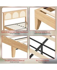 homfan Platform Bed with Rattan Headboard and Adjustable Rgb Led, Wood Slat Support, Noise-Reducing Design