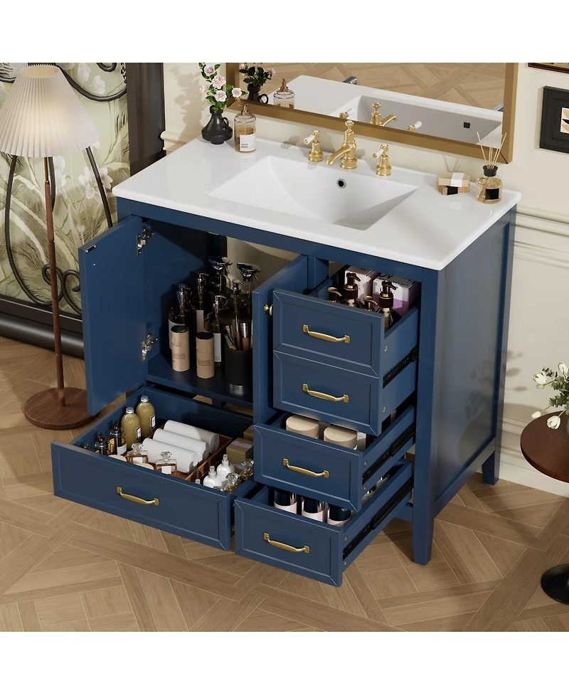 Sillysis 35.4 Inches Freestanding Bathroom Vanity with Sink, Soft Close Drawers, Multi-Tier Storage for Modern Bathrooms