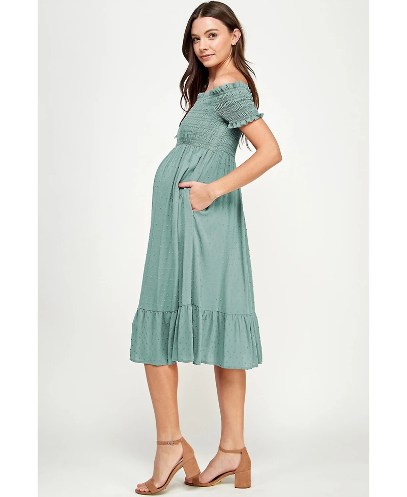 Hello Miz Maternity Off-the-Shoulder Smocked Swiss Dot Midi Dress with Pockets