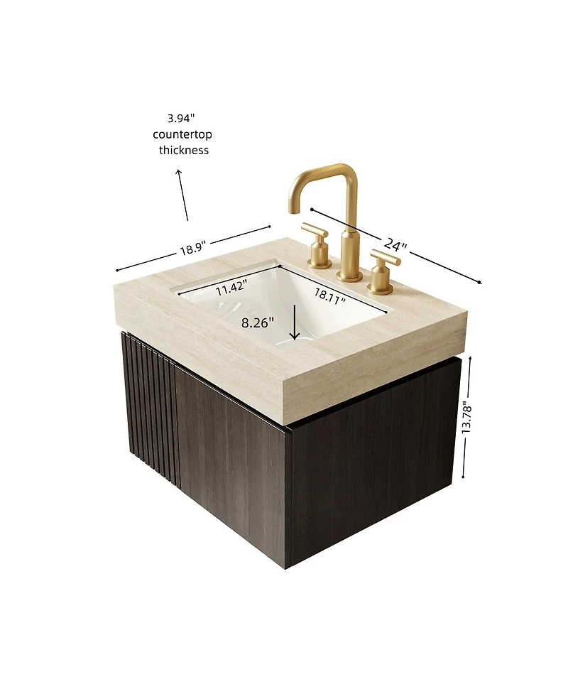 Sillysis 24 Inches Bathroom Vanity with Travertine Pattern Sintered Stone Top, Ceramic Undermount Sink, Soft Close Cabinet, Pre-assembled