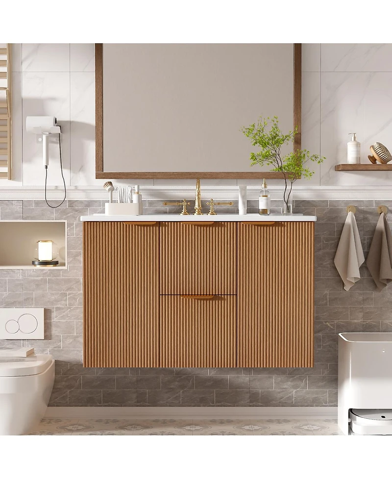 Sillysis 36 Inches Wall Mounted Bathroom Vanity with Ceramic Sink, Soft Close Drawers, Modern Mdf Cabinet for Small Spaces