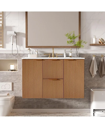 Sillysis 36 Inches Wall Mounted Bathroom Vanity with Ceramic Sink, Soft Close Drawers, Modern Mdf Cabinet for Small Spaces
