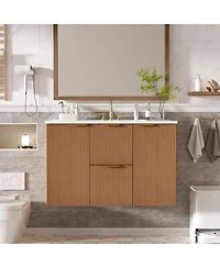 Sillysis 36 Inches Wall Mounted Bathroom Vanity with Ceramic Sink, Soft Close Drawers, Modern Mdf Cabinet for Small Spaces