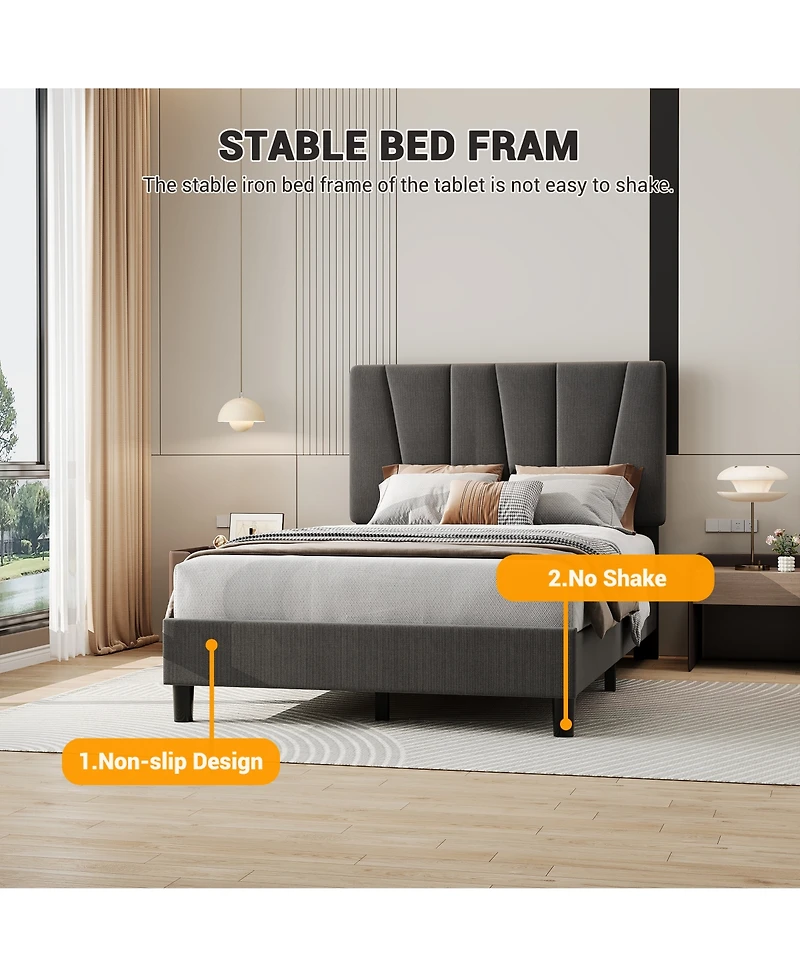 homfan Upholstered Platform Bed Frame with 3-Height Adjustable Headboard, Slat Support, No Box Spring Needed