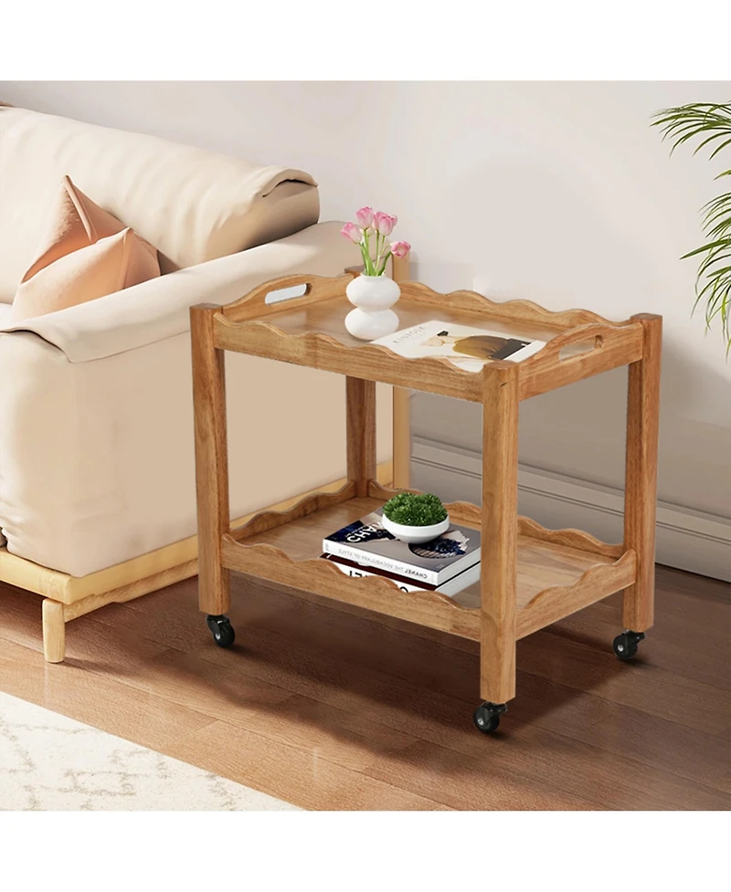 flynama Solid Rubberwood 2-Tier Rolling Side Table with Lockable Wheels