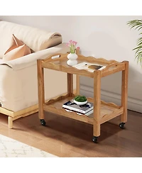 flynama Solid Rubberwood 2-Tier Rolling Side Table with Lockable Wheels