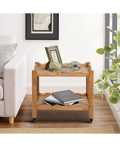 flynama Solid Rubberwood 2-Tier Rolling Side Table with Lockable Wheels