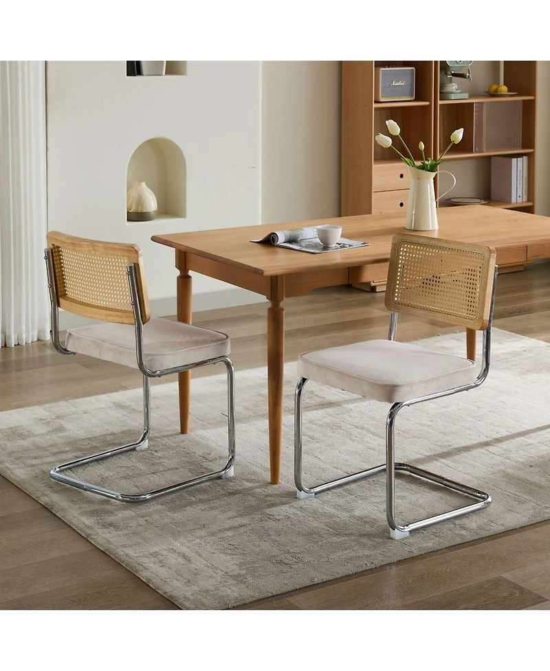 Clihome Mid Century Modern Dining Chairs Set of 2, Velvet Accent with Cane Back and Stainless Chrome Base, Famous Breuer Designed